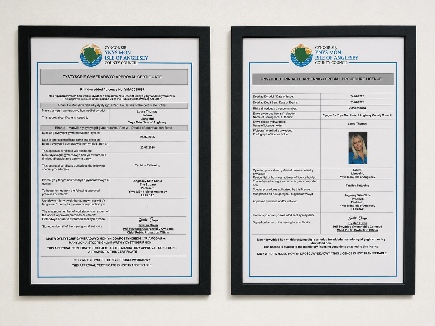 Clinic licences displayed at Anglesey Skin Clinic