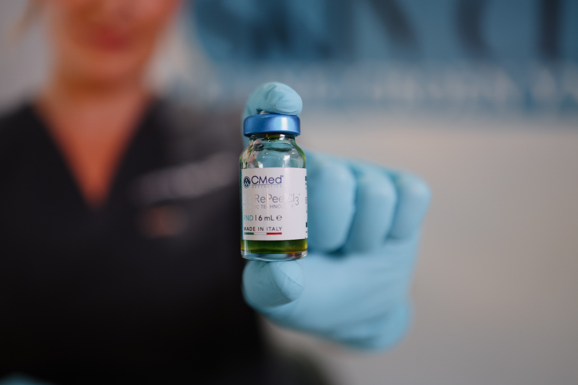 BioRepeel vial held by practitioner at Anglesey Skin Clinic